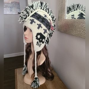 🌟HIMALAYA Bone Skull Handmade Mohawk Hat 100% Wool Made in Nepal